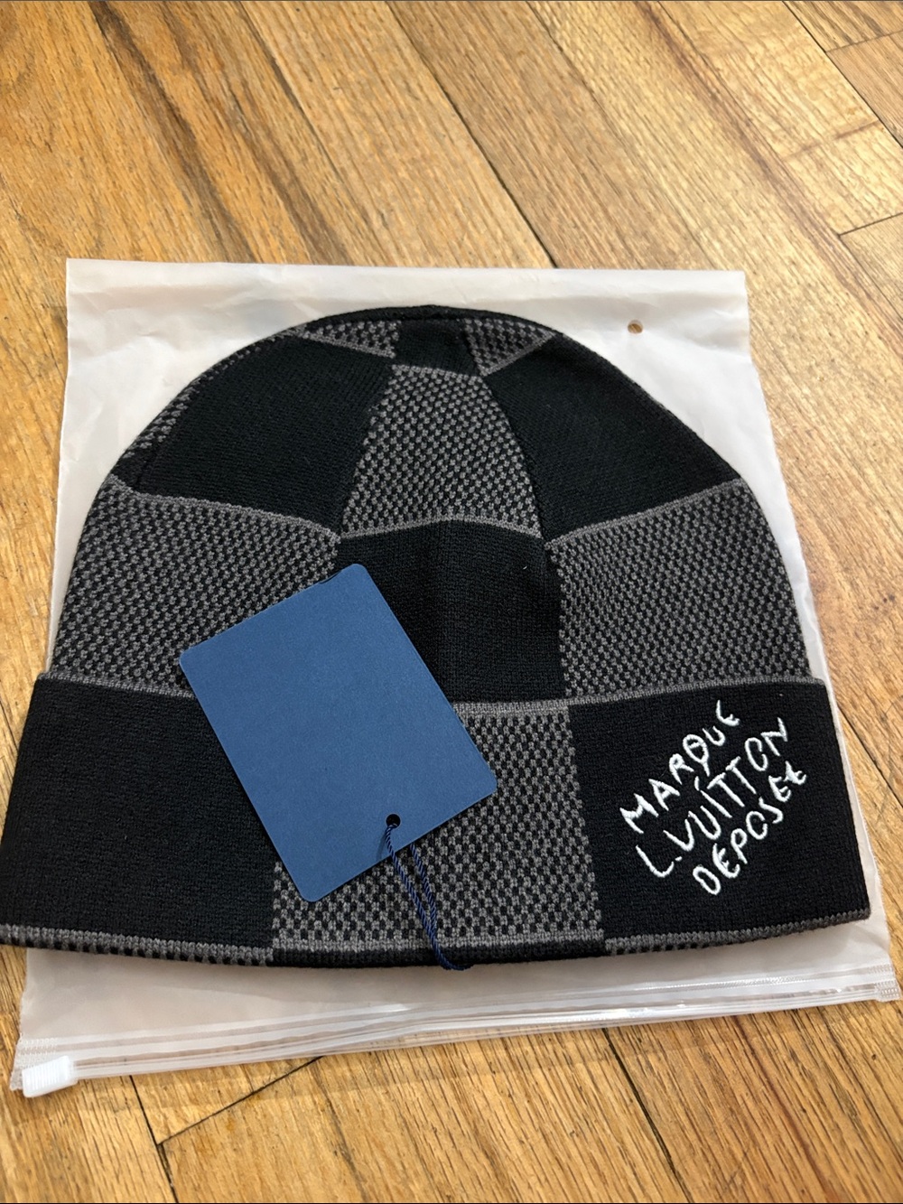 Black & Gray Checker Knit Beanie with Script Detail